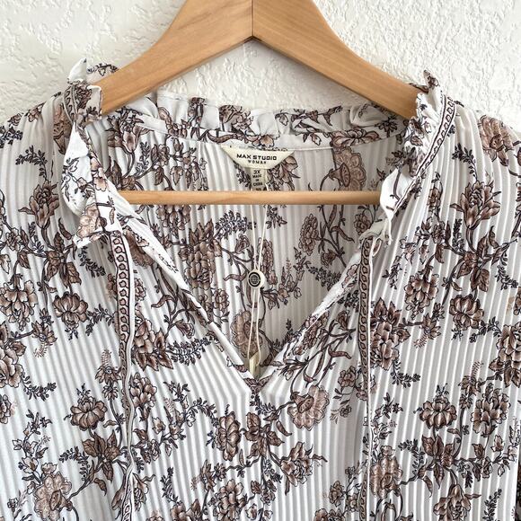 Max Studio Floral Pleated Peasant Blouse Boho Chic Balloon Sleeve Brown White 3X - Picture 2 of 10
